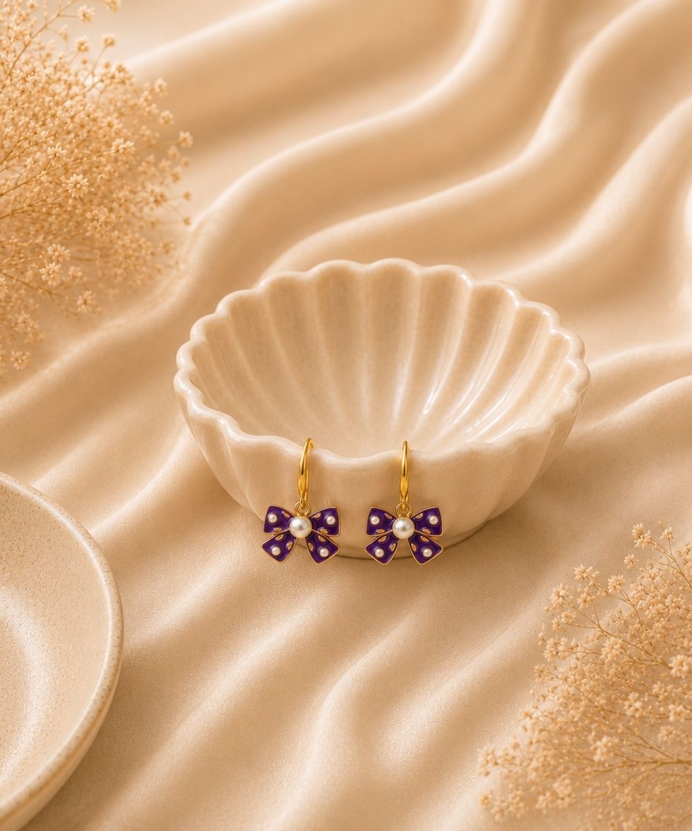Gold Plated Purple Bow Pearl Drop Earrings