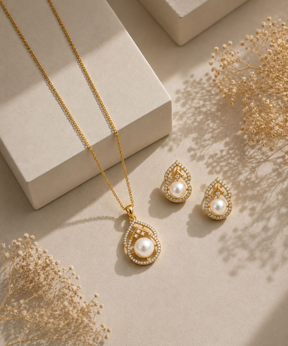 Gold Plated Cubic Zirconia Pearl Pendant Set