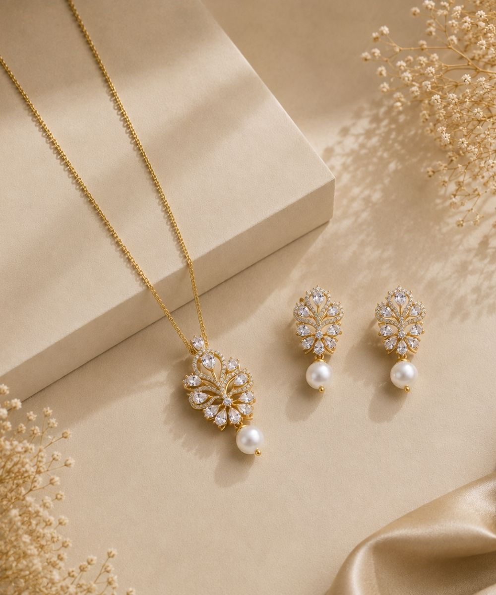 Gold Plated Cubic Zirconia Pearl Pendant Set