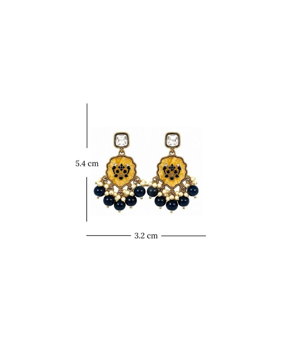 Gold Plated Kundan Navy Blue Pearl Drop Earrings