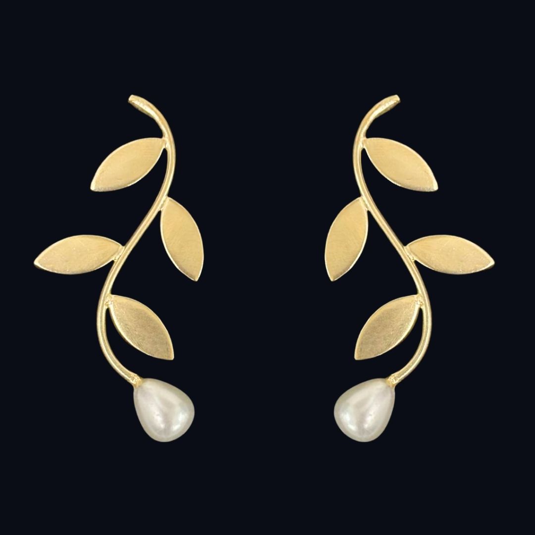 Gold-Plated Leaf Pearl Dangle Earrings
