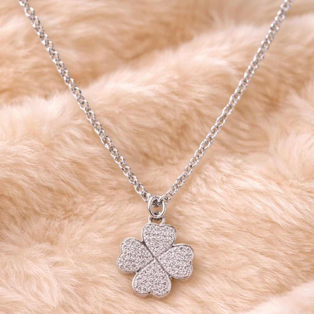 Rhodium Plated Clover Pendant with CZ Stones
