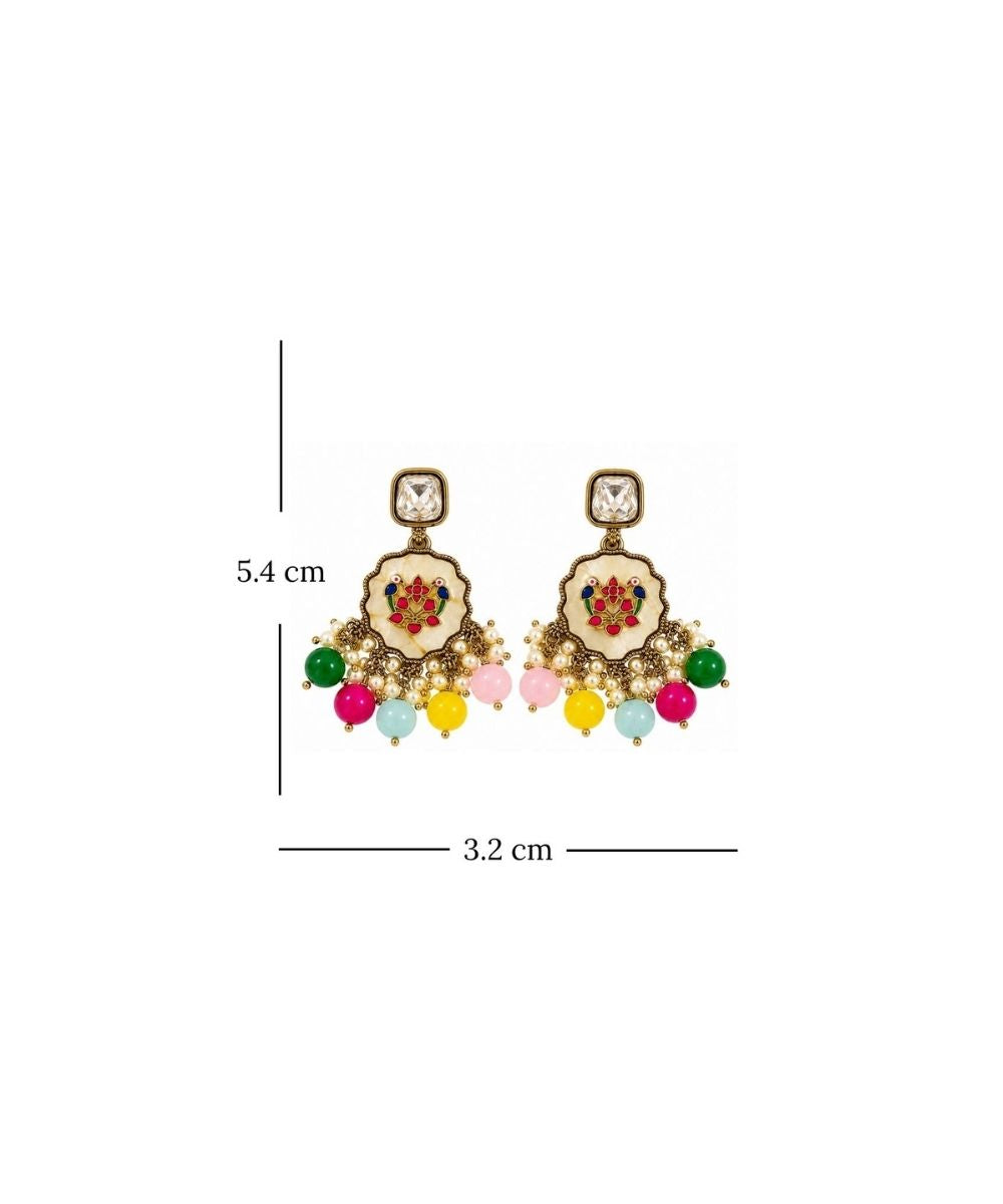 Gold Plated Kundan Multi Color Pearl Drop Earrings