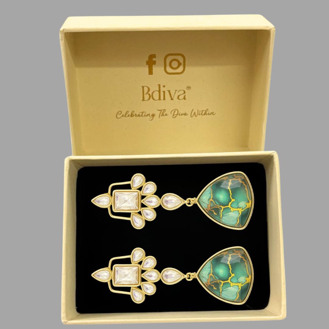 Gold Plated Green Kundan Earrings