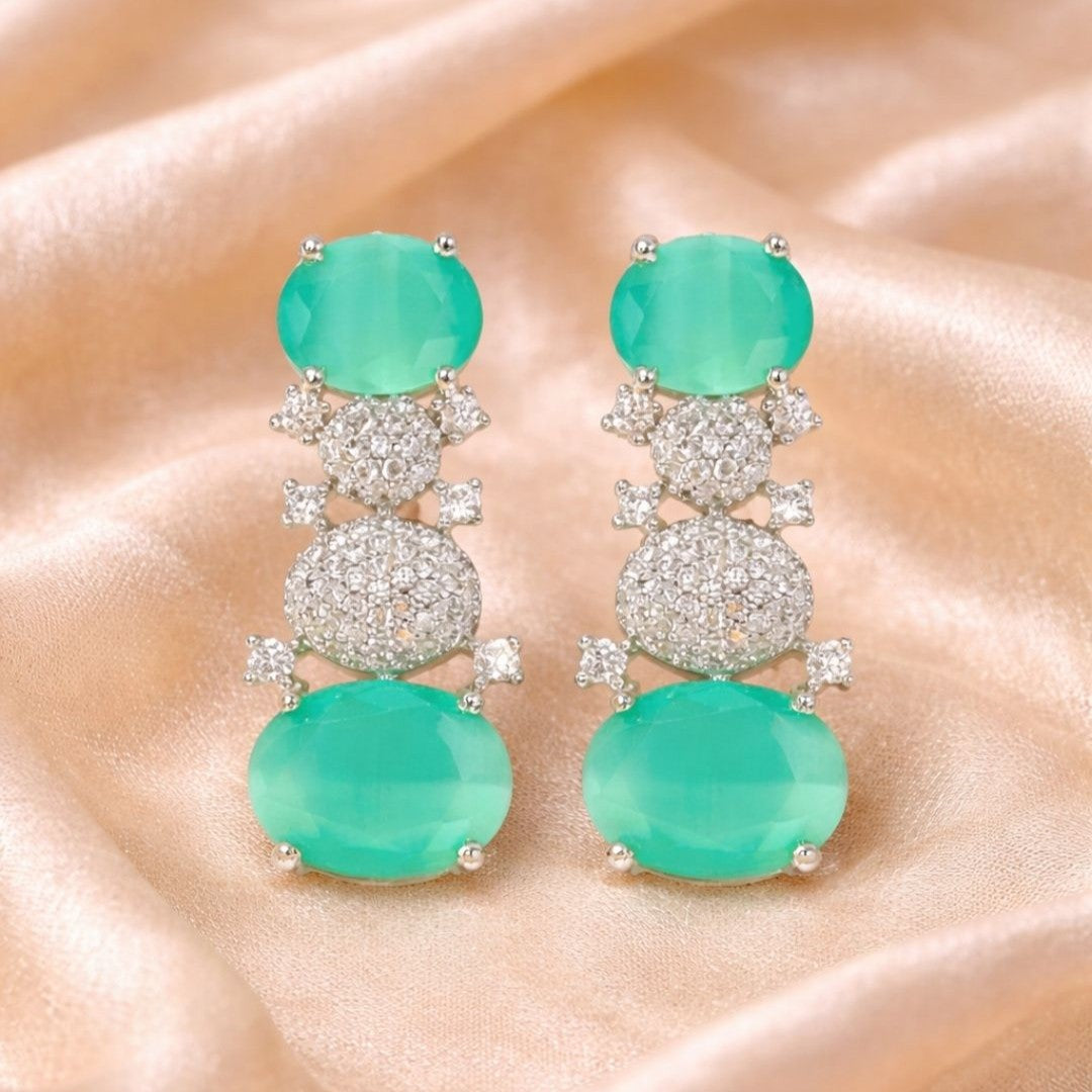 Rhodium Plated Green Stone Earrings