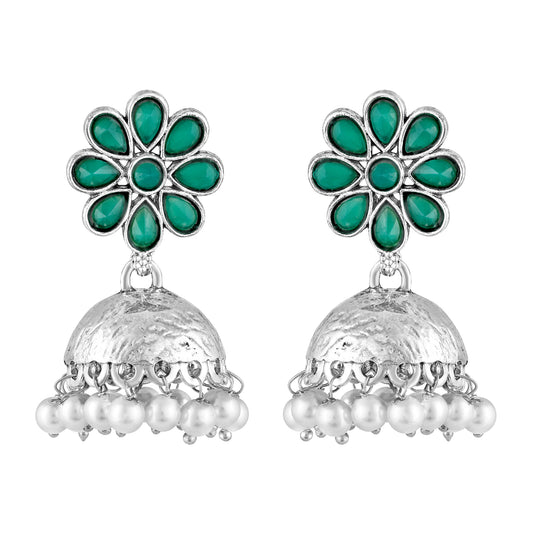 BDiva Oxidized Fusion of Tradition and Elegance Green Stone Floral Jhumka Earrings