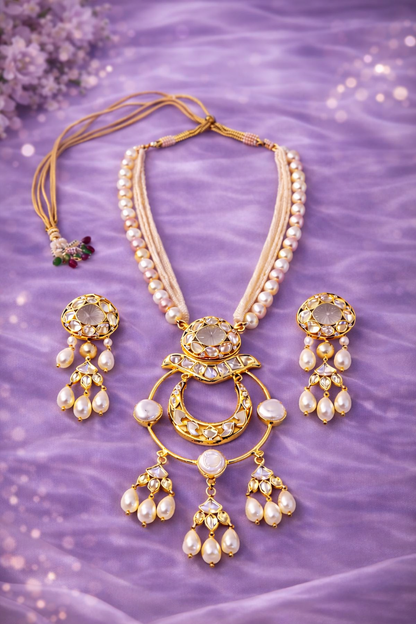 Gold Plated Kundan & Semi Cultured Pearl Choker Set with Dangle Earrings