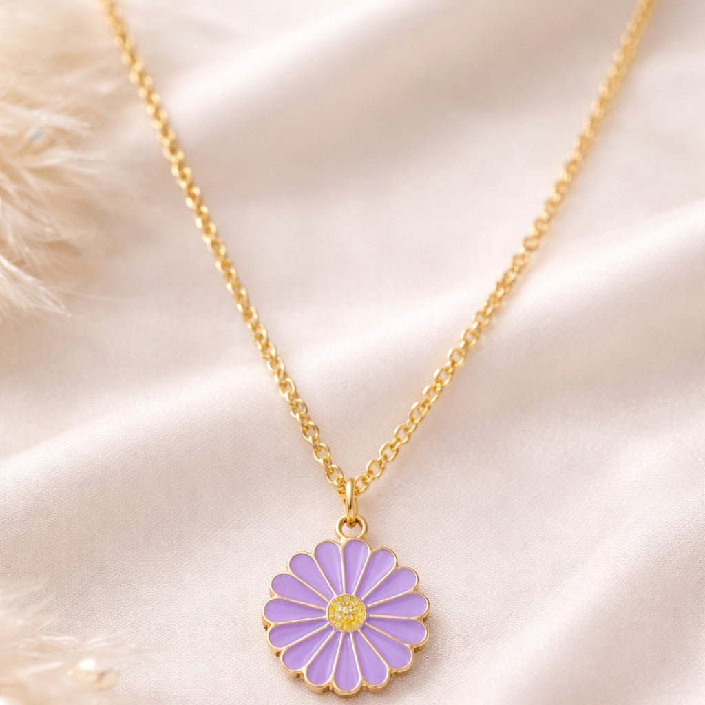 Gold Plated Purple Flower Pendant Necklace