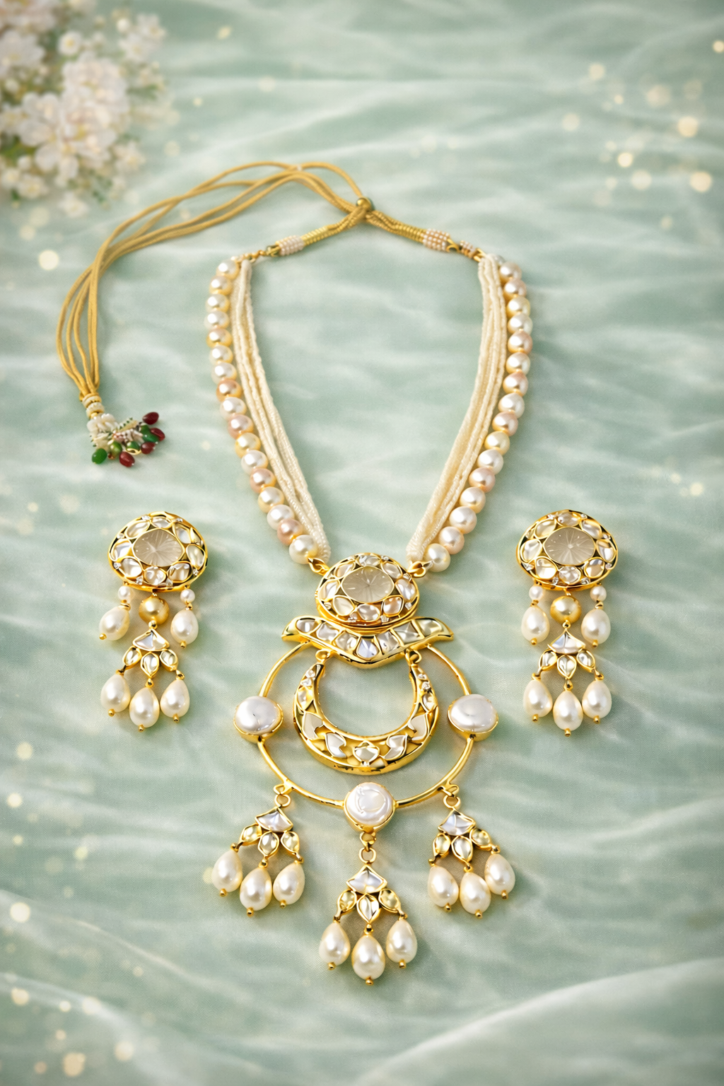 Gold Plated Kundan & Semi Cultured Pearl Choker Set with Dangle Earrings