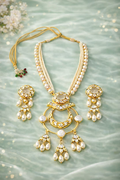Gold Plated Kundan & Semi Cultured Pearl Choker Set with Dangle Earrings