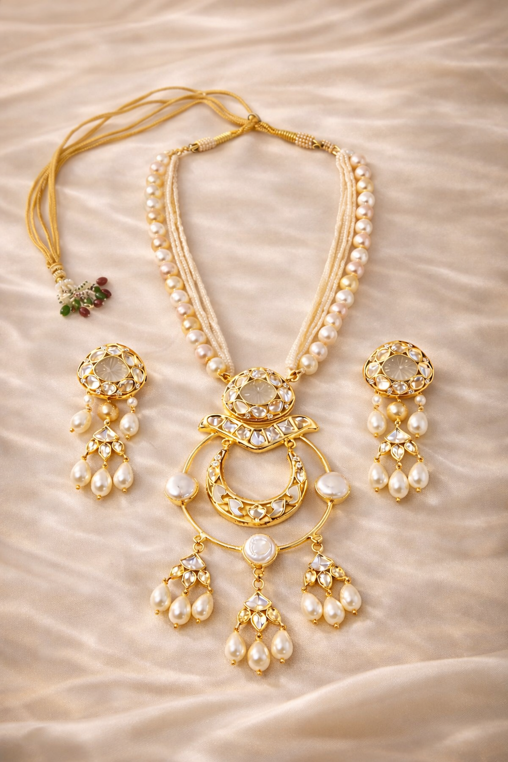 Gold Plated Kundan & Semi Cultured Pearl Choker Set with Dangle Earrings
