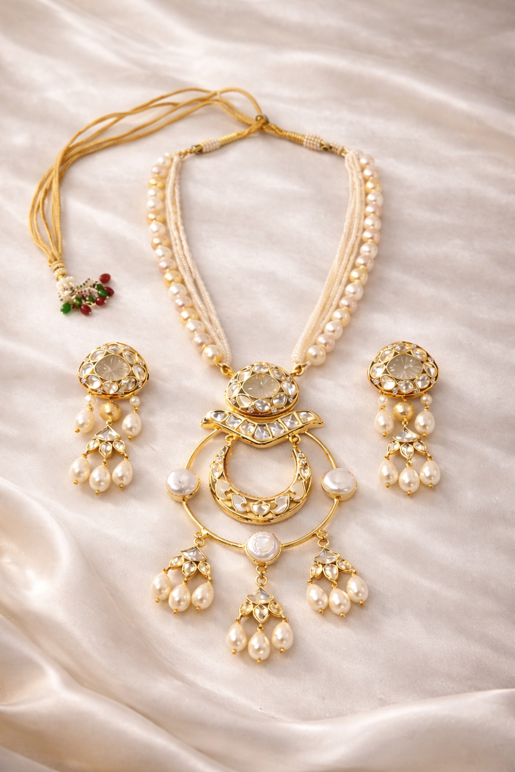 Gold Plated Kundan & Semi Cultured Pearl Choker Set with Dangle Earrings
