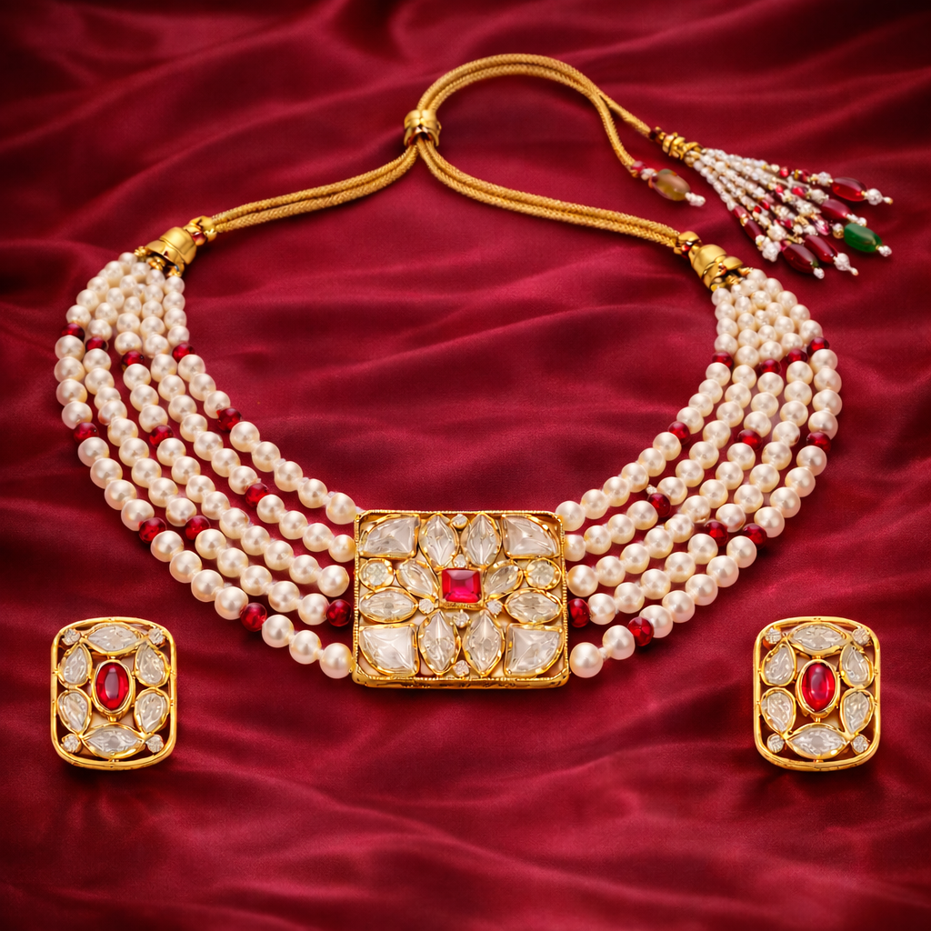 Gold Plated Pink Kundan Semi Cultured Pearl Choker Set