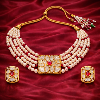 Gold Plated Pink Kundan Semi Cultured Pearl Choker Set