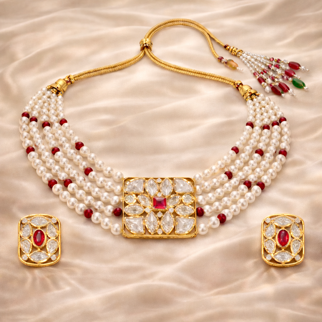 Gold Plated Pink Kundan Semi Cultured Pearl Choker Set