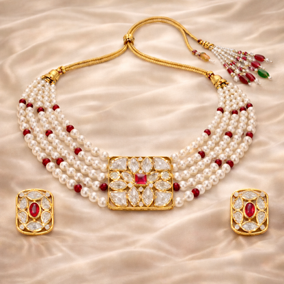 Gold Plated Pink Kundan Semi Cultured Pearl Choker Set