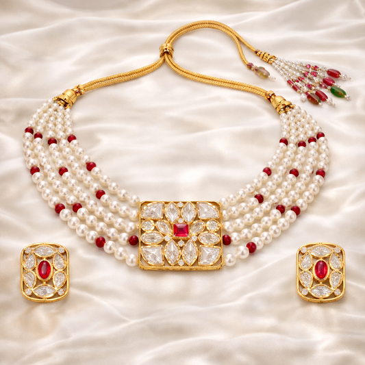 Gold Plated Pink Kundan Semi Cultured Pearl Choker Set