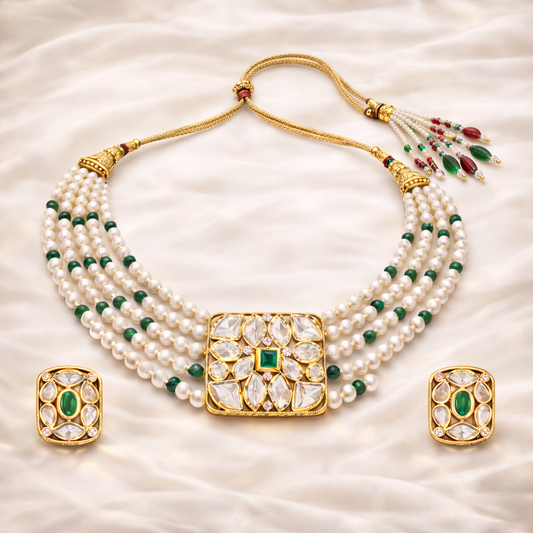 Gold Plated Green Kundan Semi Cultured Pearl Choker Set