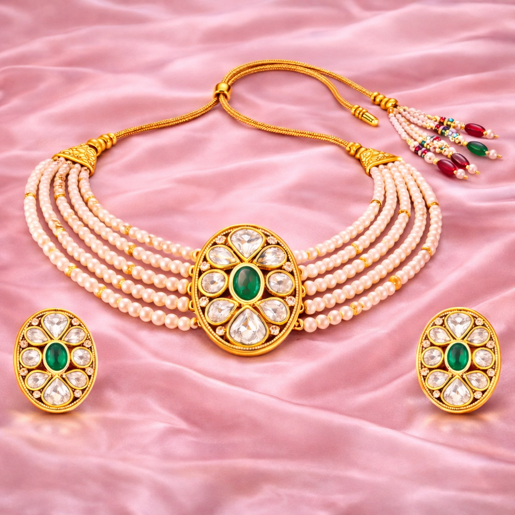 Gold Plated Green Kundan Semi Cultured Pearl Choker Set
