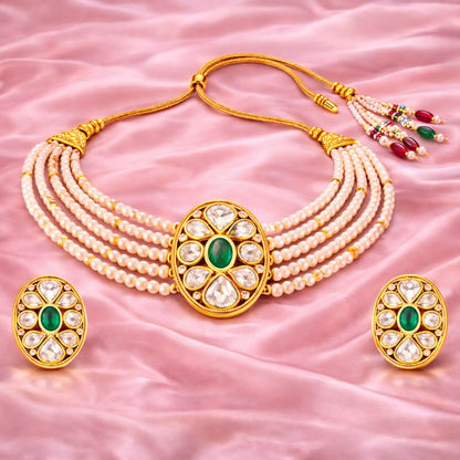 Gold Plated Green Kundan Semi Cultured Pearl Choker Set