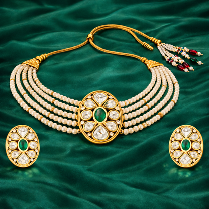 Gold Plated Green Kundan Semi Cultured Pearl Choker Set