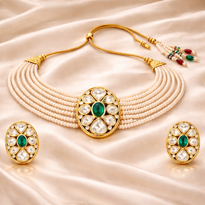 Gold Plated Green Kundan Semi Cultured Pearl Choker Set