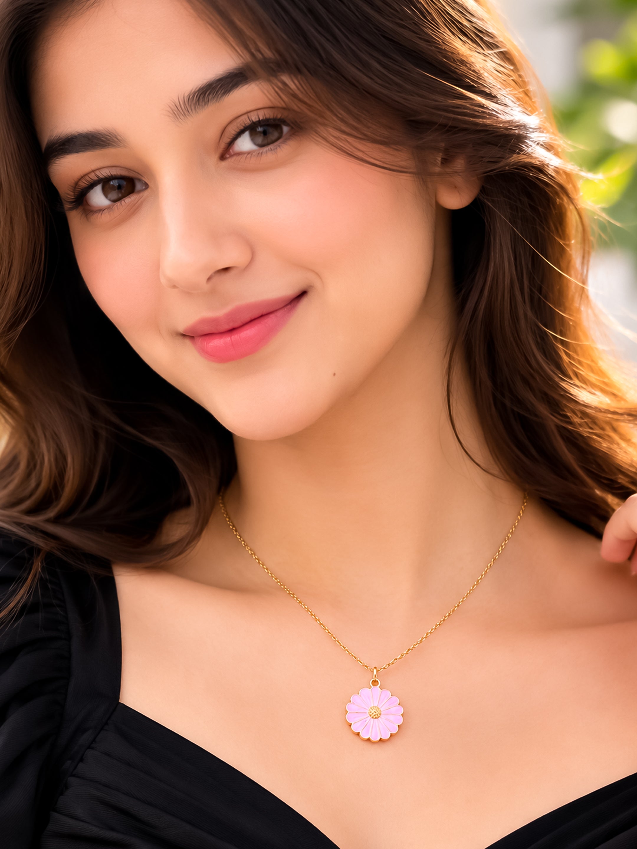 Gold Plated Pink Flower Pendant Necklace