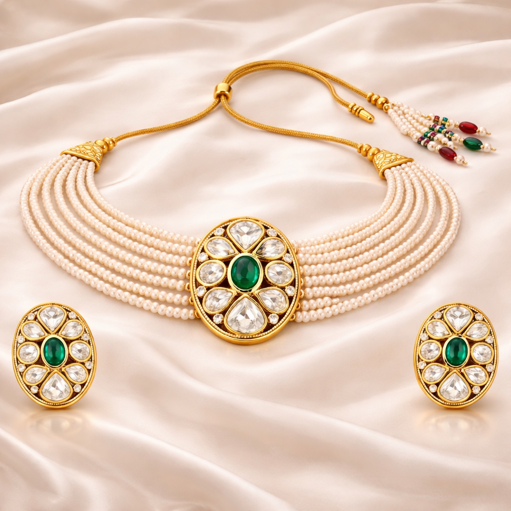 Gold Plated Green Kundan Semi Cultured Pearl Choker Set