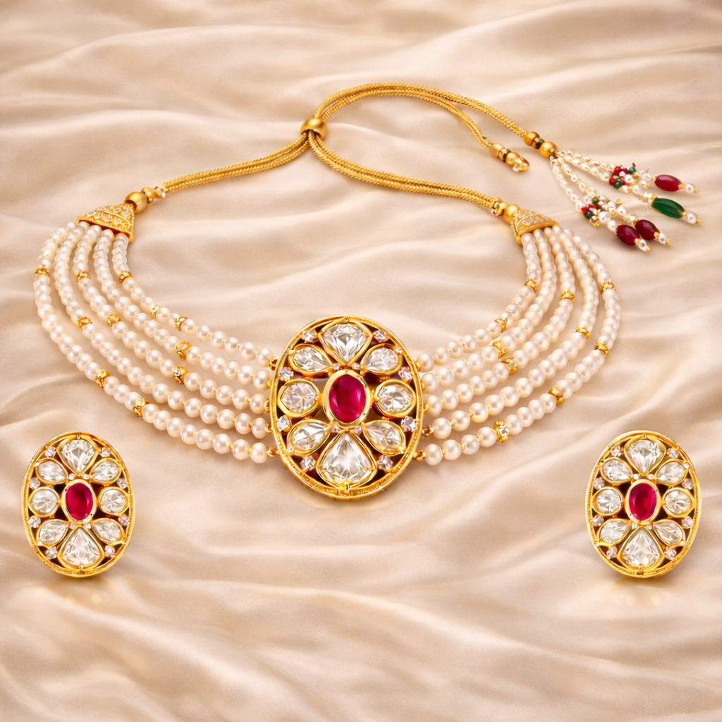 Gold Plated Pink Kundan Semi Cultured Pearl Choker Set