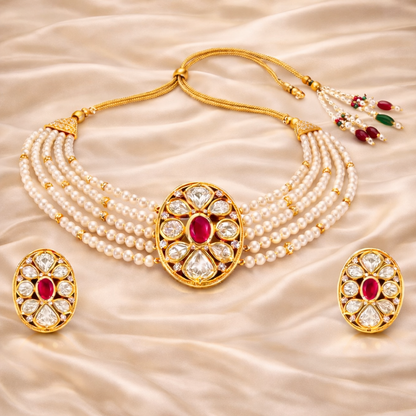 Gold Plated Pink Kundan Semi Cultured Pearl Choker Set