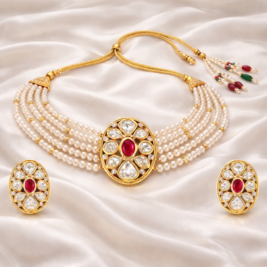 Gold Plated Pink Kundan Semi Cultured Pearl Choker Set