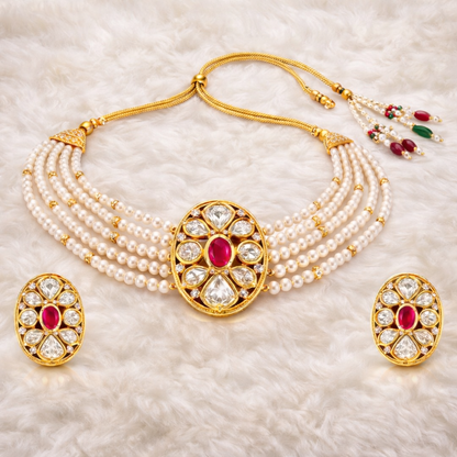 Gold Plated Pink Kundan Semi Cultured Pearl Choker Set