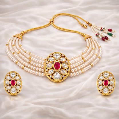 Gold Plated Pink Kundan Semi Cultured Pearl Choker Set