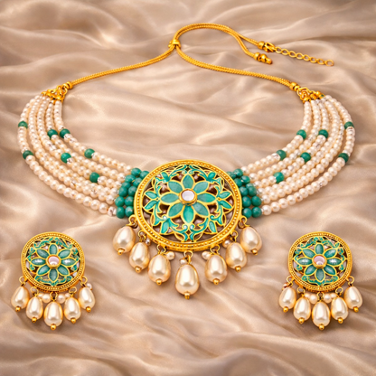 Green Enamel Kundan Pearl Choker Set
