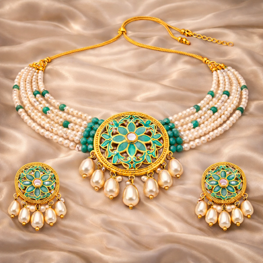 Green Enamel Kundan Pearl Choker Set