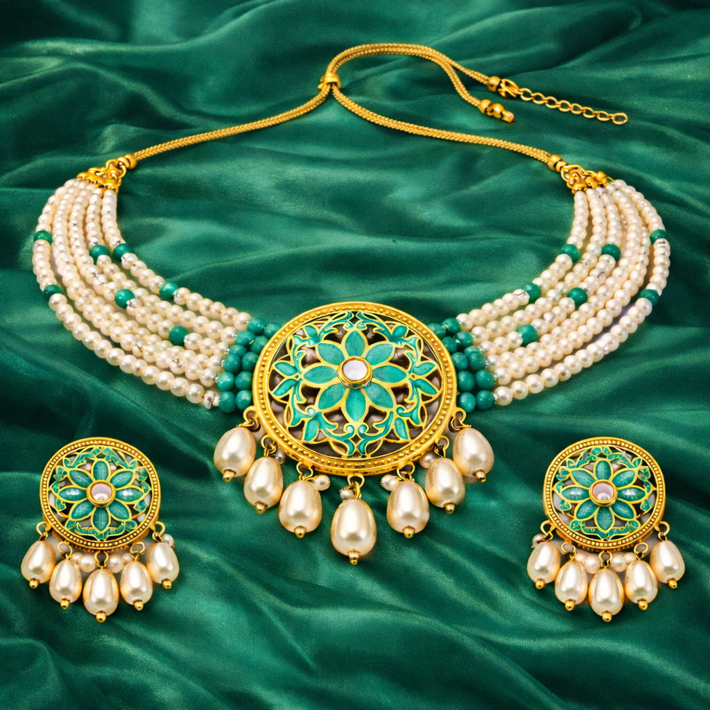 Green Enamel Kundan Pearl Choker Set