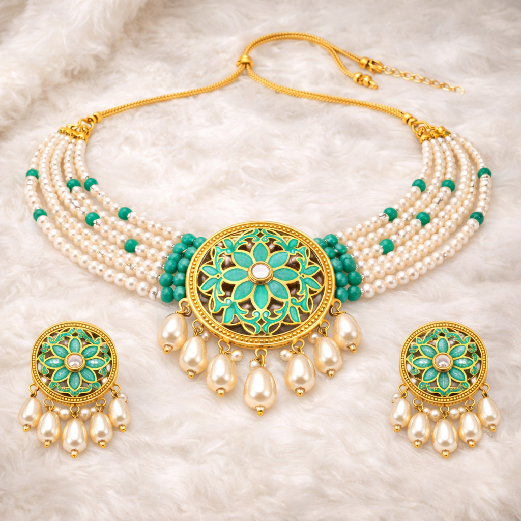 Green Enamel Kundan Pearl Choker Set