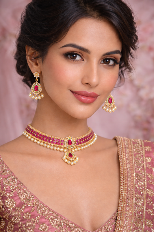 Gold Plated Pink Kundan Semi Cultured Pearl Choker Set