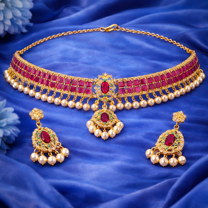 Gold Plated Pink Kundan Semi Cultured Pearl Choker Set