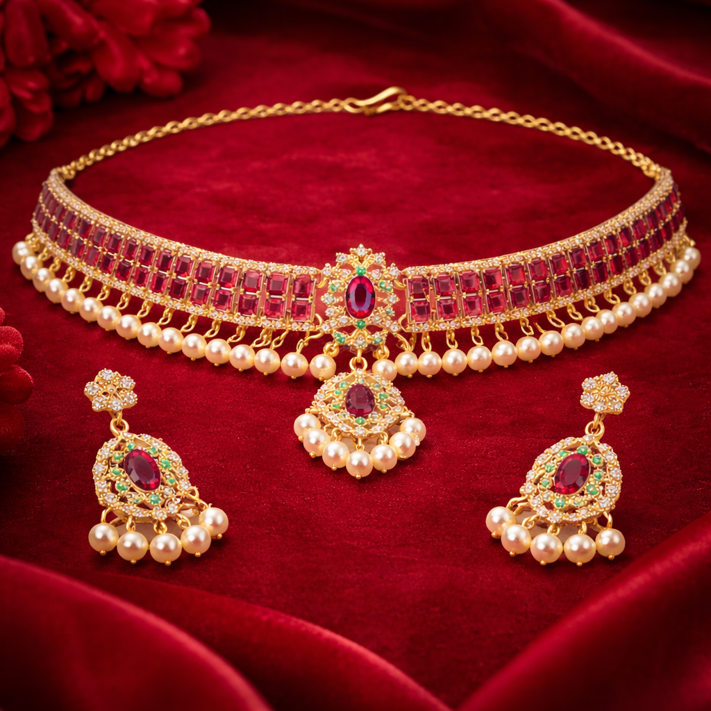 Gold Plated Pink Kundan Semi Cultured Pearl Choker Set