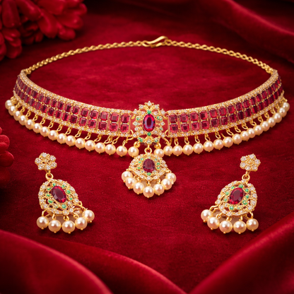 Gold Plated Pink Kundan Semi Cultured Pearl Choker Set