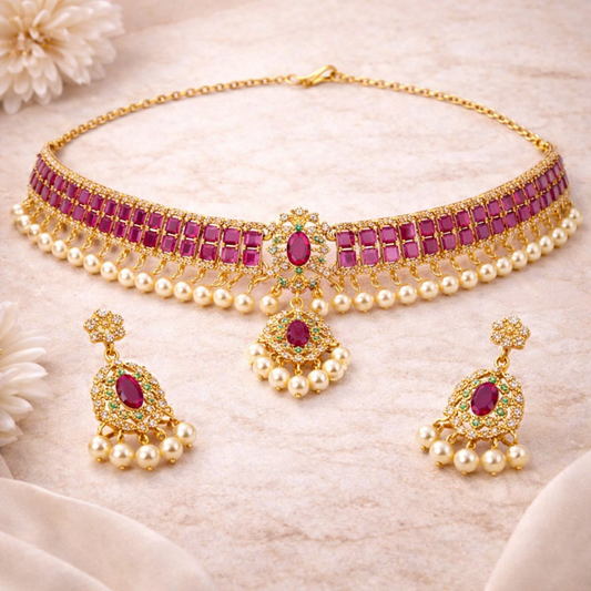 Gold Plated Pink Kundan Semi Cultured Pearl Choker Set