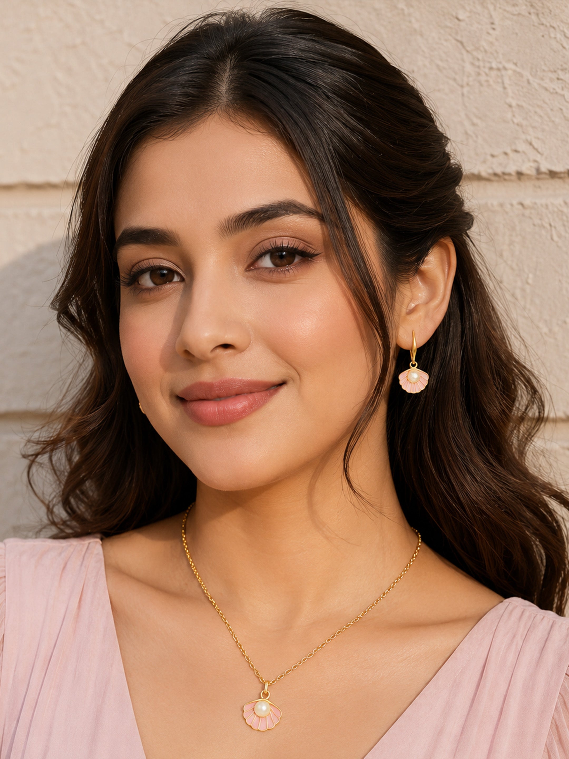 Gold Plated Pink Pearl Pendant Set