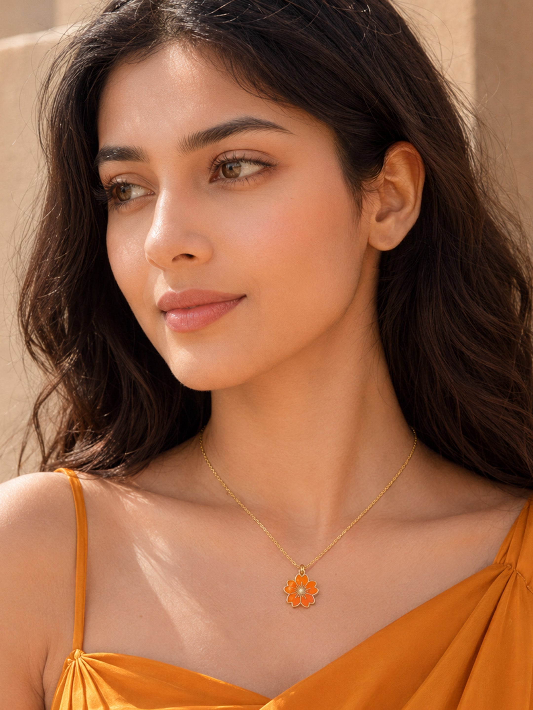 Gold Plated Orange Flower Pendant Necklace