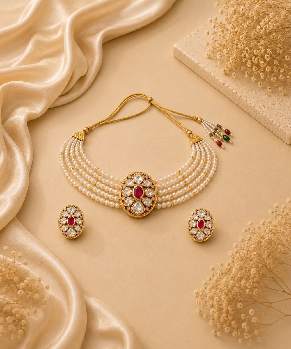 Gold Plated Pink Kundan Semi Cultured Pearl Choker Set