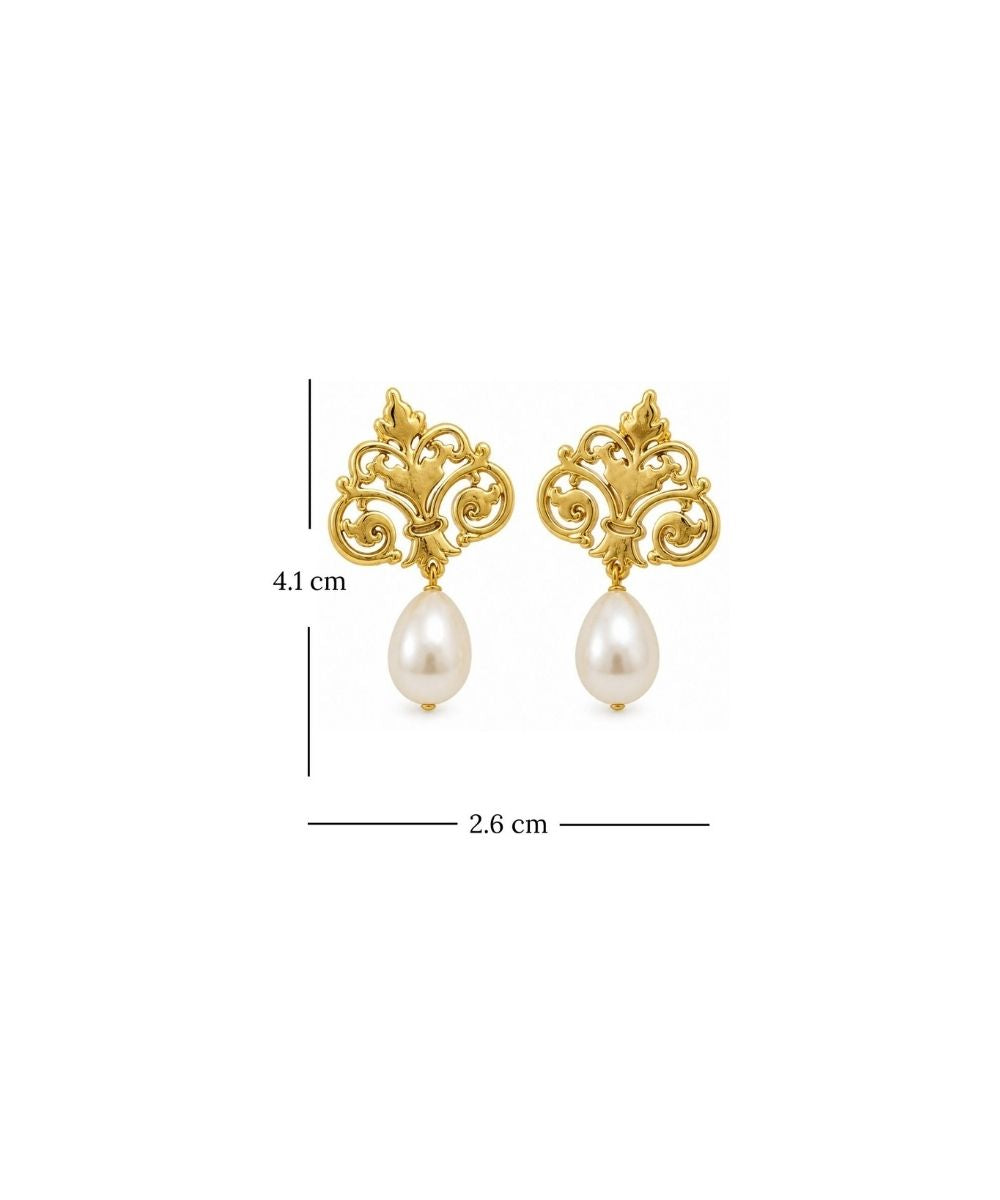 Gold Plated Filigree Style Pearl Drop Earrings