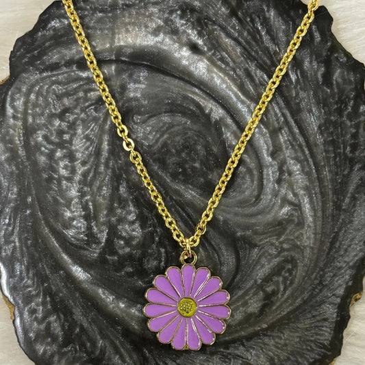 Gold Plated Purple Enamel Daisy Flower Pendant Necklace