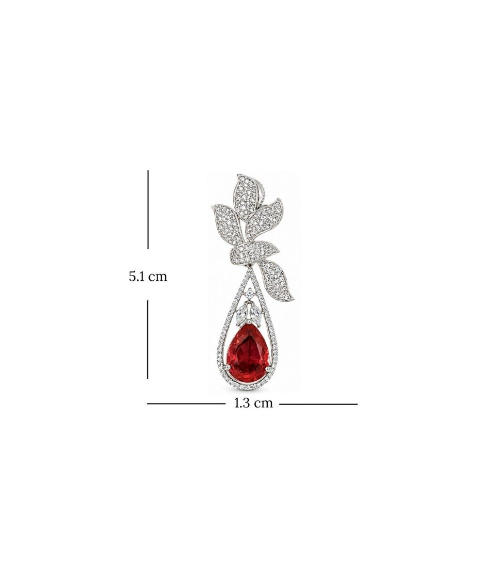 Rhodium Plated Red Cubic Zirconia Floral Style Drop Earrings