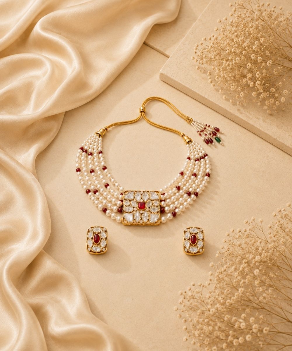 Gold Plated Pink Kundan Semi Cultured Pearl Choker Set