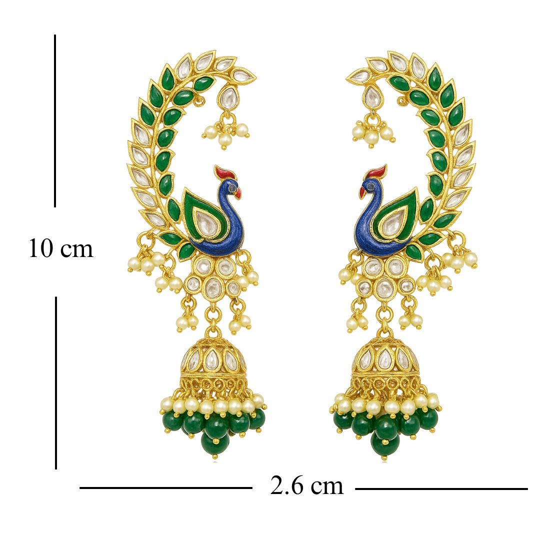 High Quality Gold Plated Heritage Peacock Jhumki Earrings with Kundan & Semi-Cultured Pearls